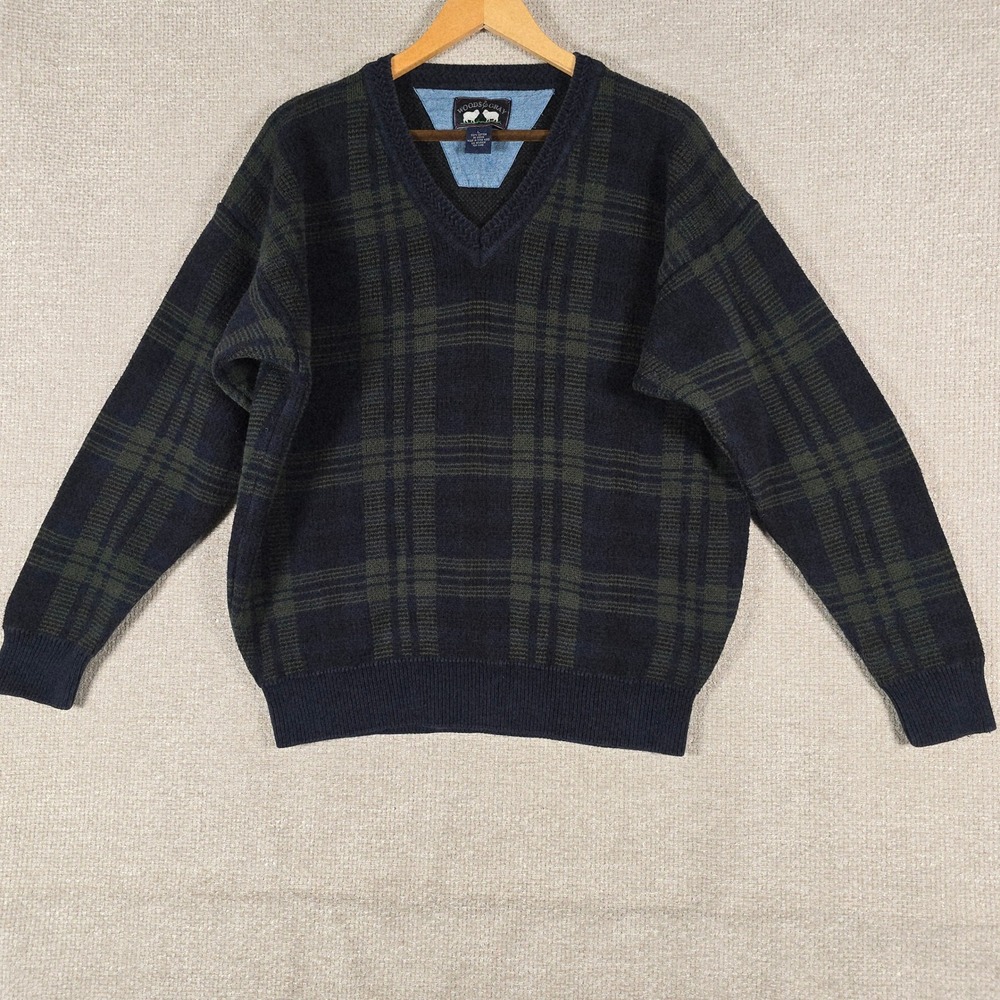 Woods Gray Plaid V-Neck Sweater Men L Blue Green Knit Cotton Grandpa Vintage